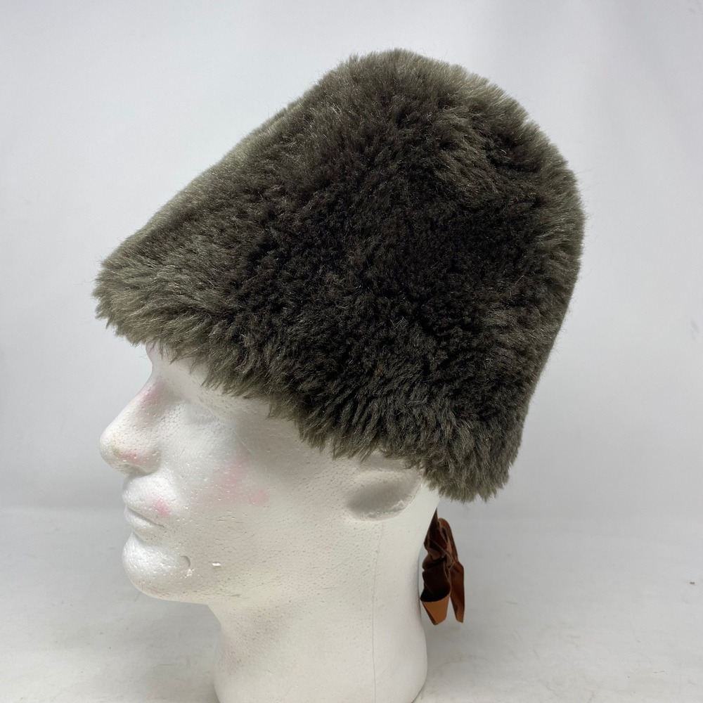 Vintage Union Made Faux Fur Pillbox Hat Olive Green Russian Cossack Style Winter
